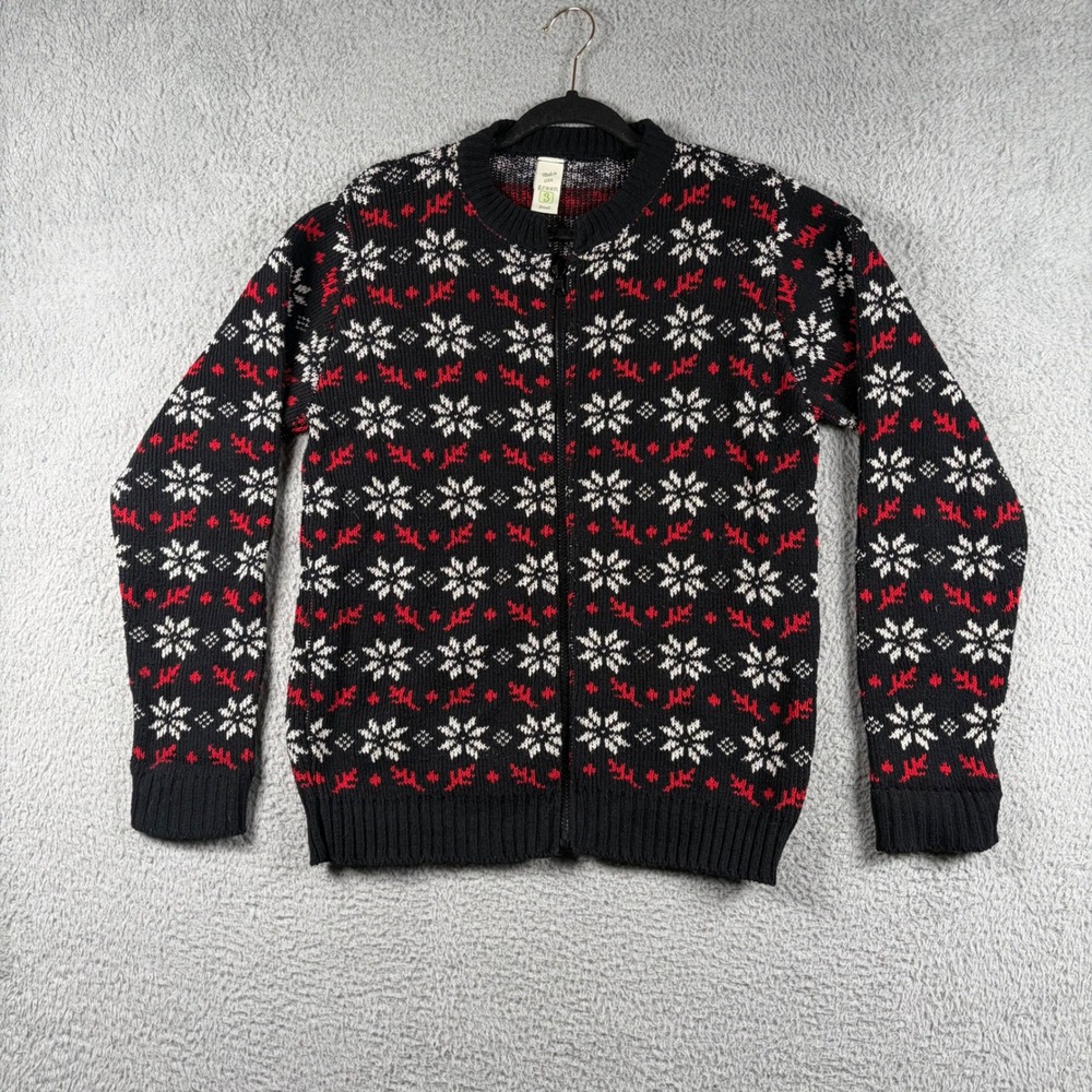 Vtg Green 3 Nordic Fair Isle Snowflake Reindeer Zip Cardigan Sweater S USA Black